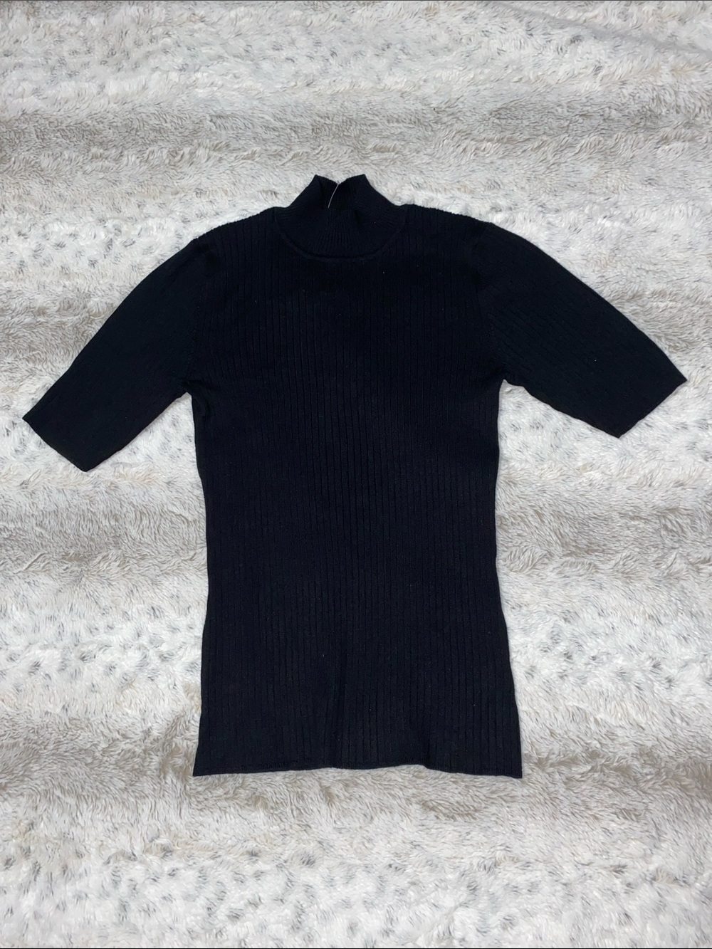Black Ribbed Short-Sleeve Knit Dress - Classic Silhouette
